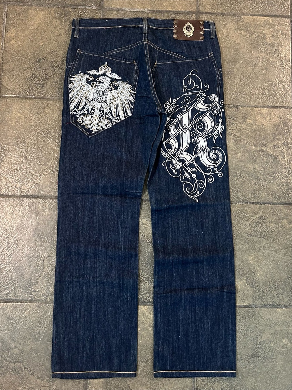 Vintage Y2K Kanji Jeans Size 32x32 Embroidered Pockets Baggy Skater Denim